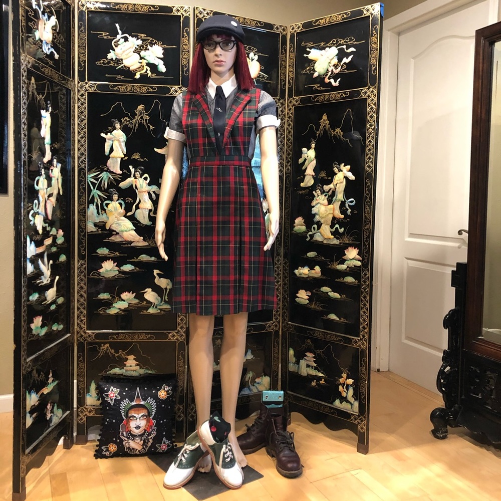 Vintage plaid 60s 70s school uniform jumper dress kids unlimited 18 4/6 punk ska